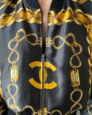 CHANEL  Jackets  Coats  Vtg 8s Chanel Print Logo Black Gold Chain Bomber  Jacket Large Xlarge  Poshmark