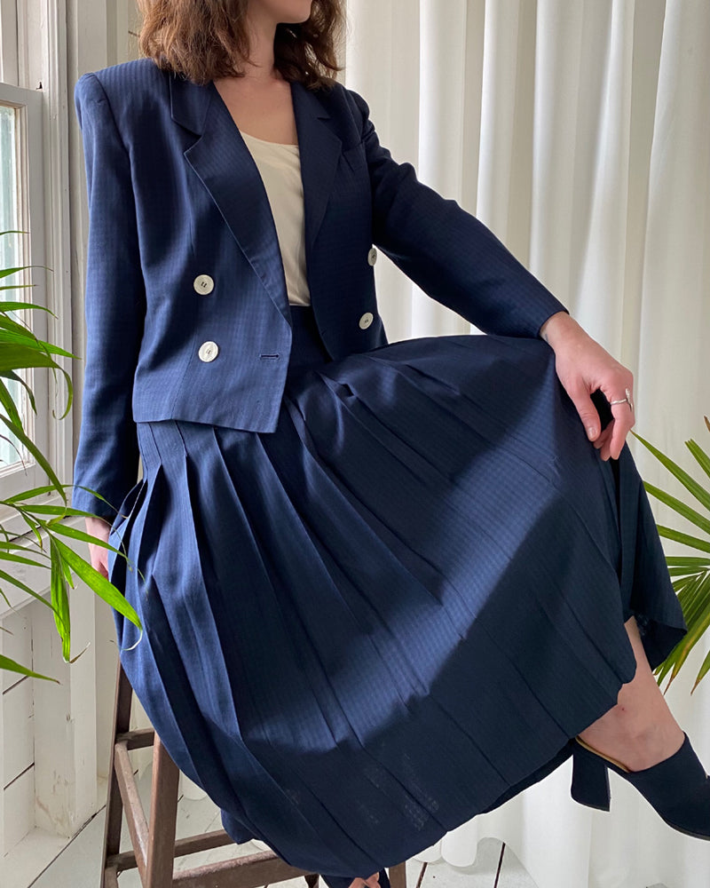 80s Navy Check Skirt Suit
