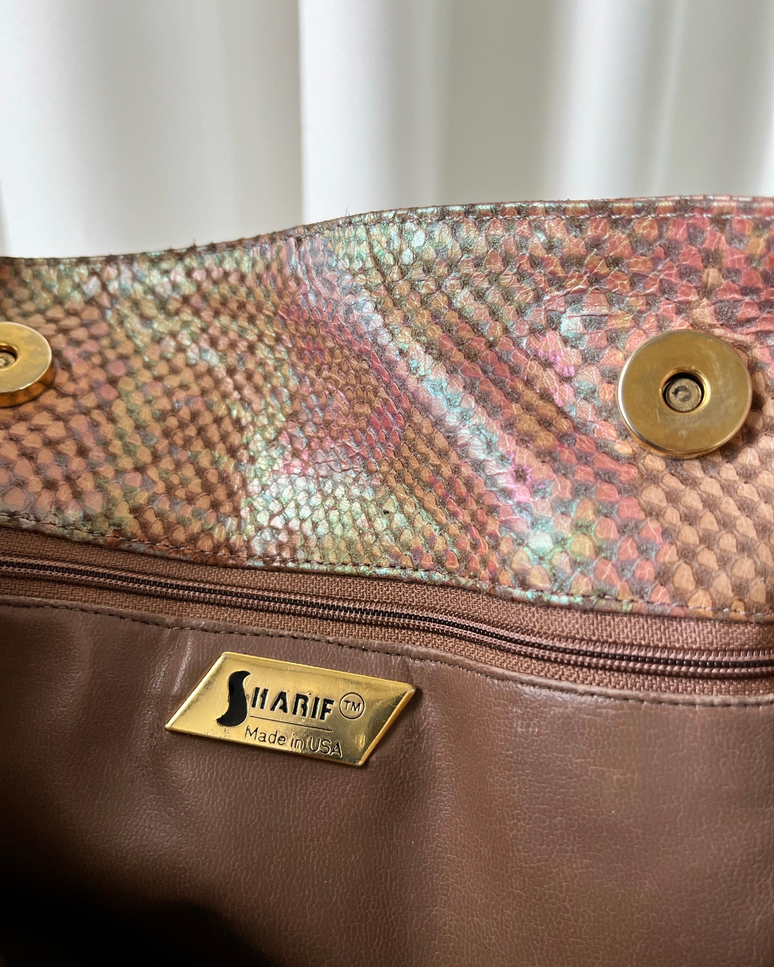 Brown Snakeskin Handbag, Unique Gold Metal Hardware