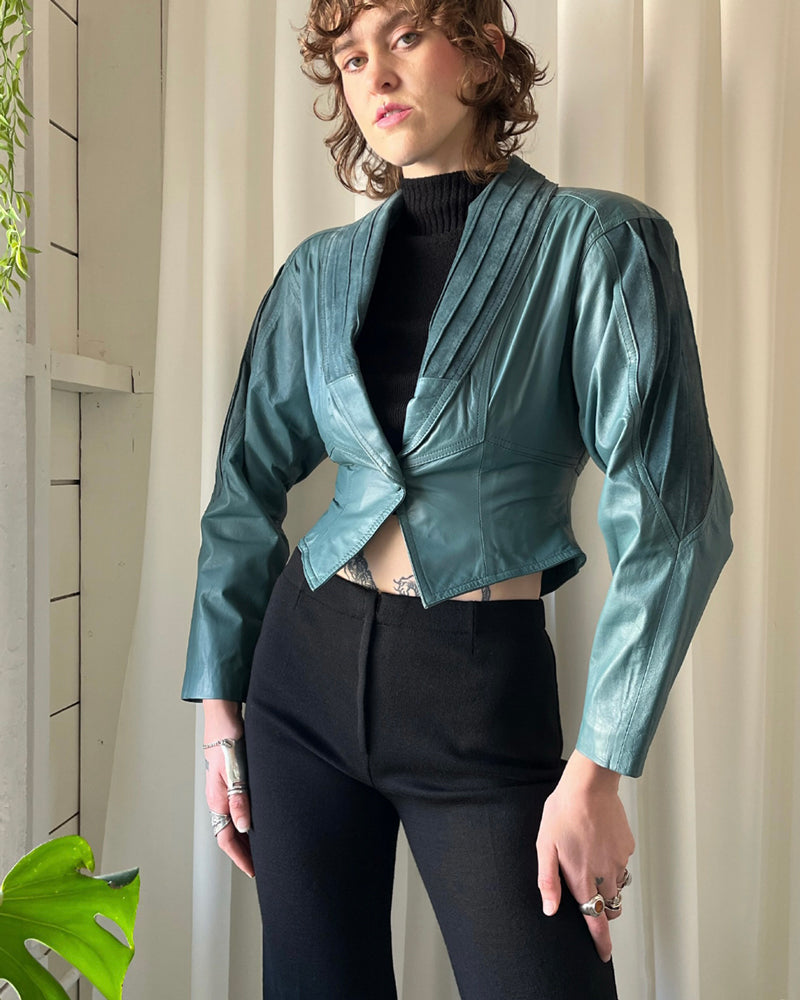 80s Dusty Teal Leather Jacket - Lucky Vintage