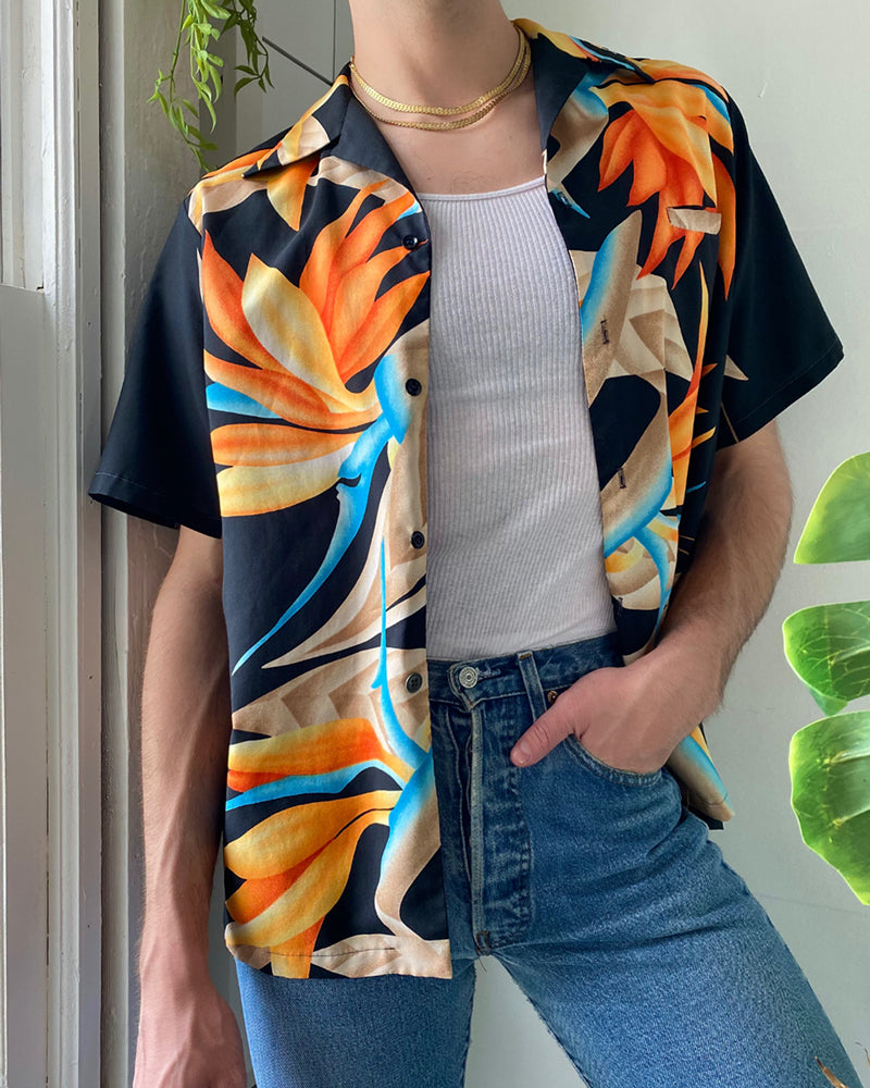 80s Black Hawaiian Print Shirt | M