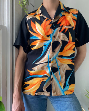 80s Black Hawaiian Print Shirt | M