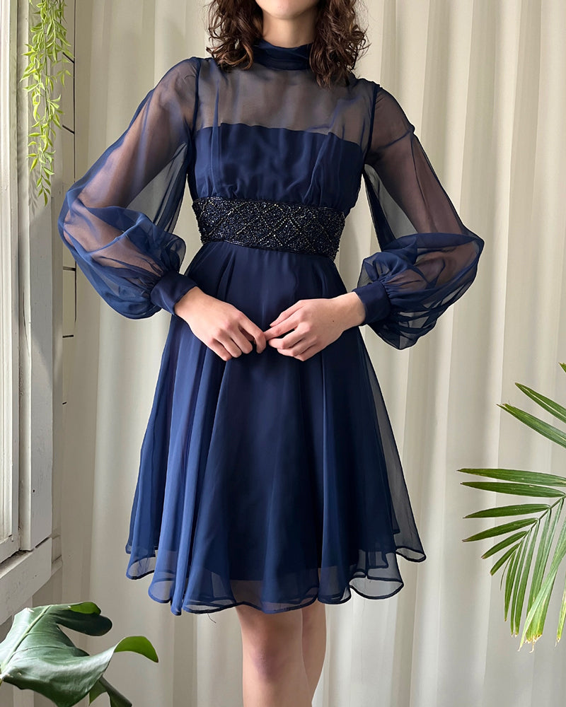 60s Beaded Navy Silk Dress S Lucky Vintage - Main Image