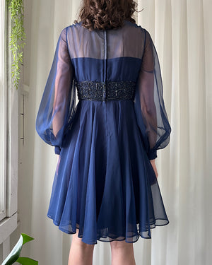 60s Beaded Navy Silk Dress