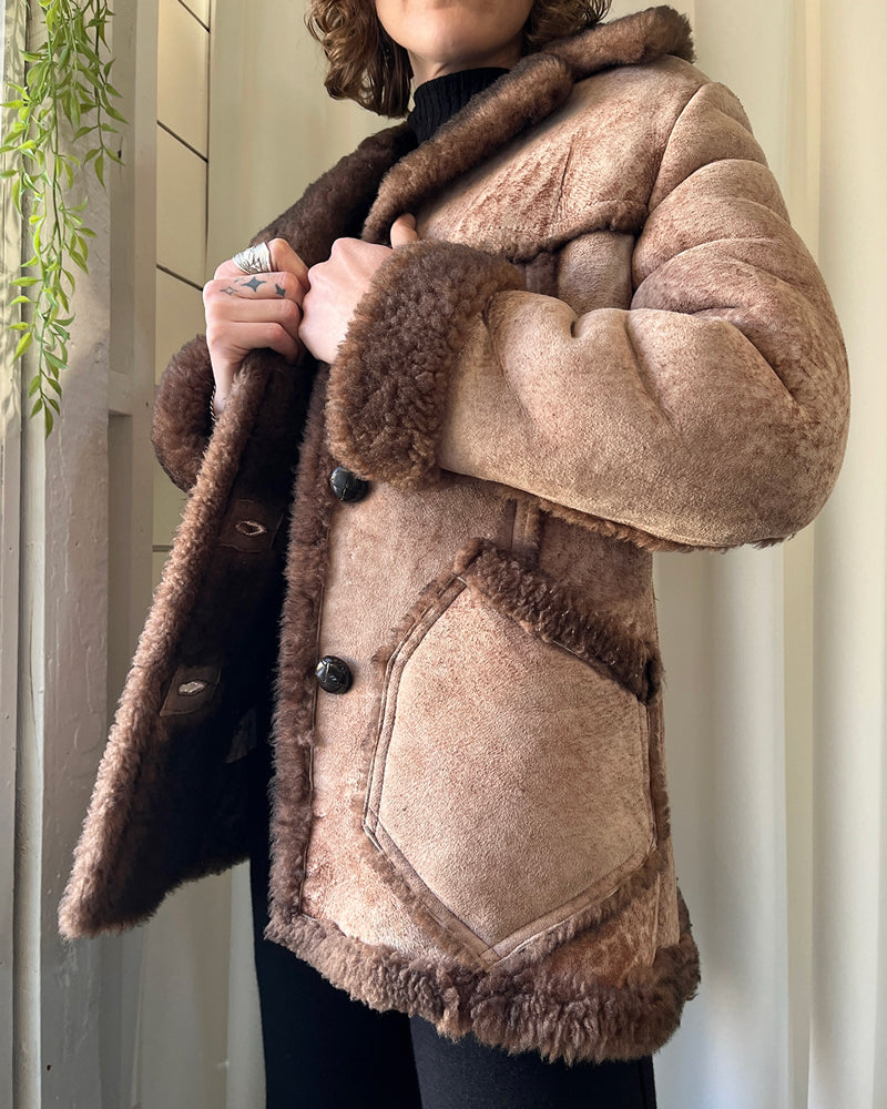 Brown Shearling Coat 70s Size Large Men Sheepskin Coat 