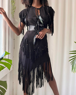 90s Suede Fringe & Feather Dress
