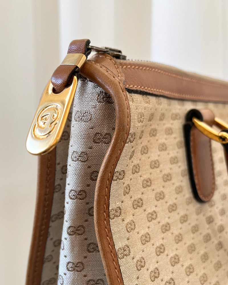 Vintage Gucci GG Logo Canvas Leather Horsebit Bucket Bag with Double Handles // Monogrammed Shoulder Bag Purse