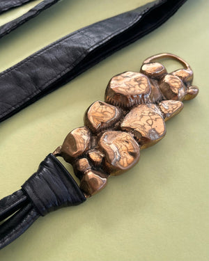 80s Black Leather & Brass Tie Belt