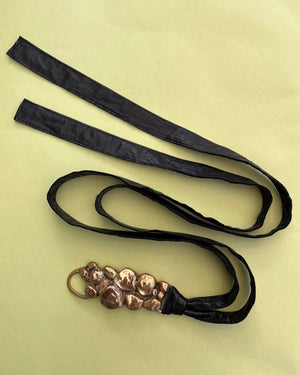 80s Black Leather & Brass Tie Belt