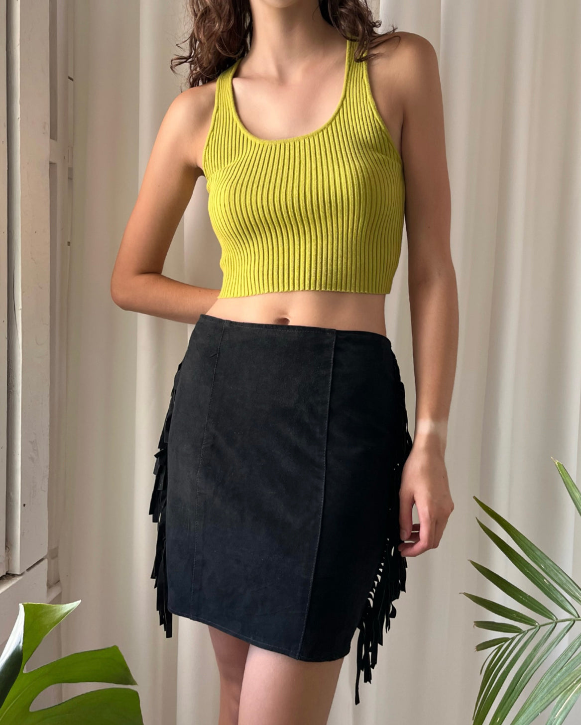 90s Suede Fringe Mini Skirt | M