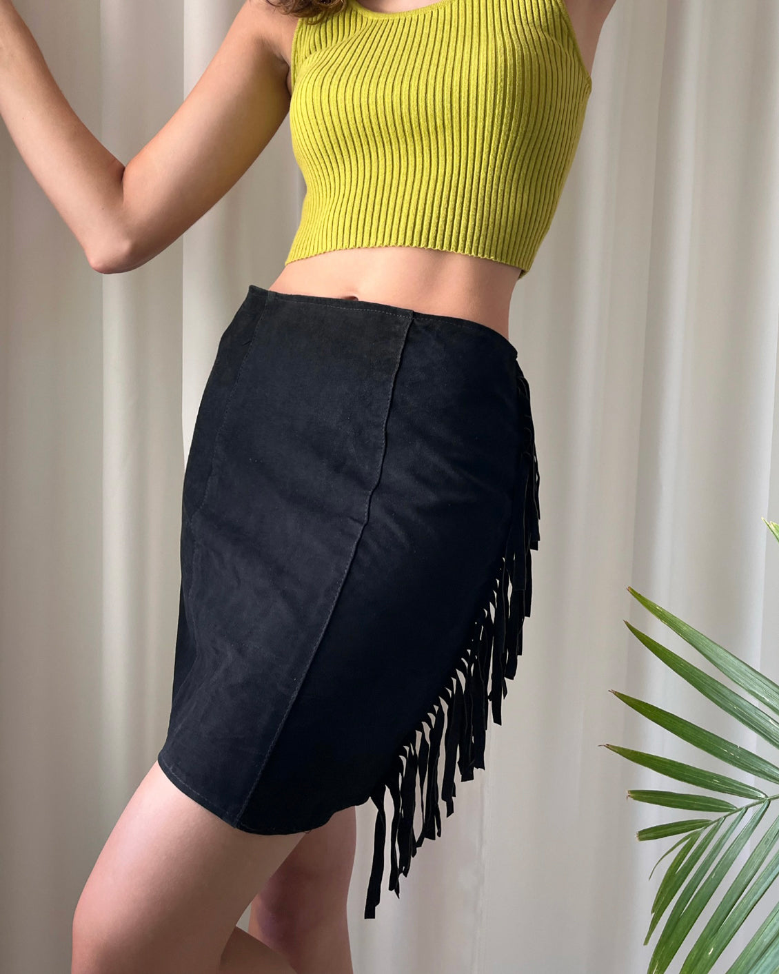 90s Suede Fringe Mini Skirt | M