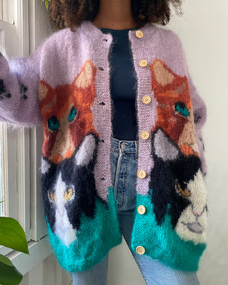 90s Hand Knit Kitty Cardigan | S-L