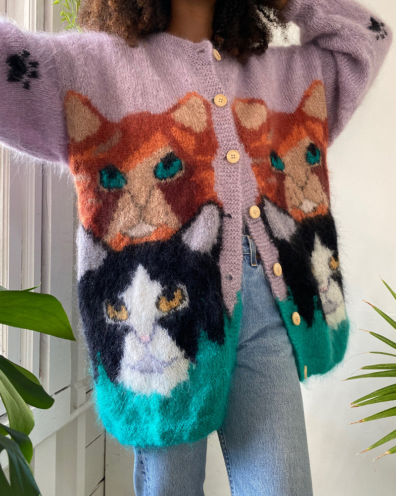 90s Hand Knit Kitty Cardigan | S-L