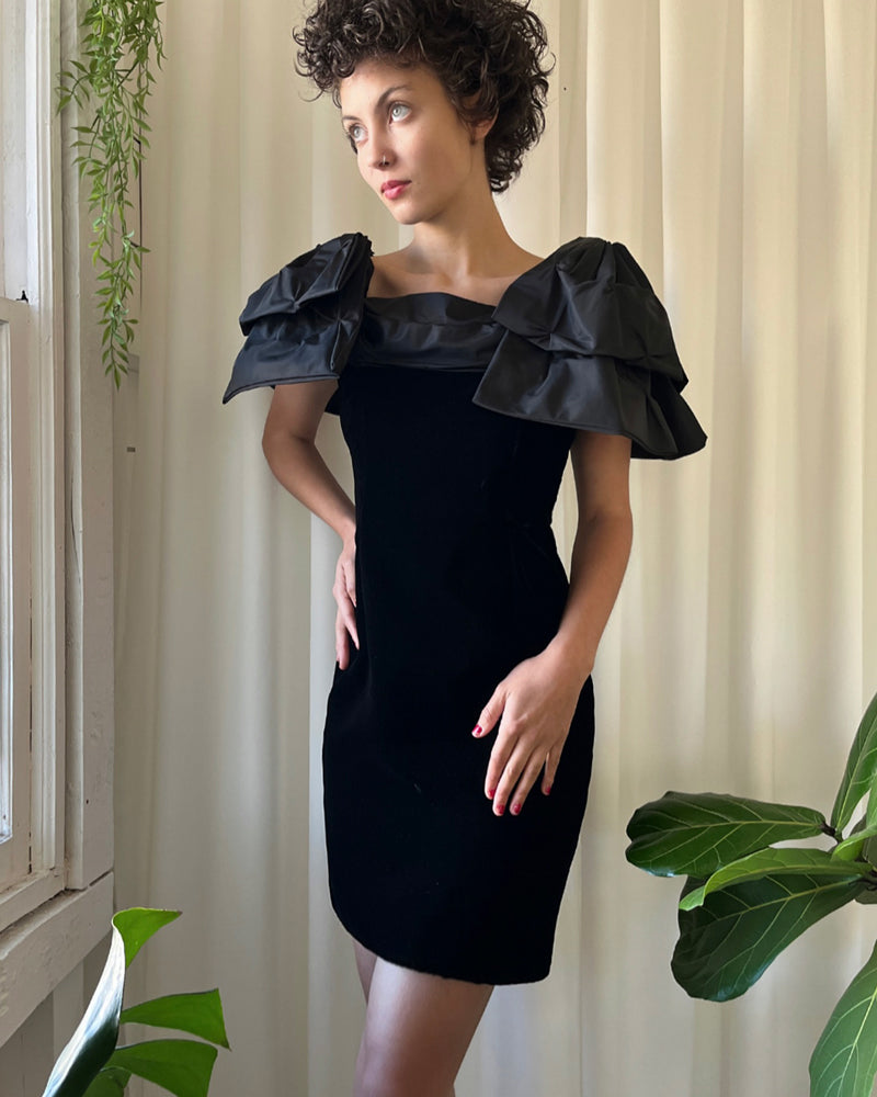 80s Victor Costa Bow Sleeve Dress | S