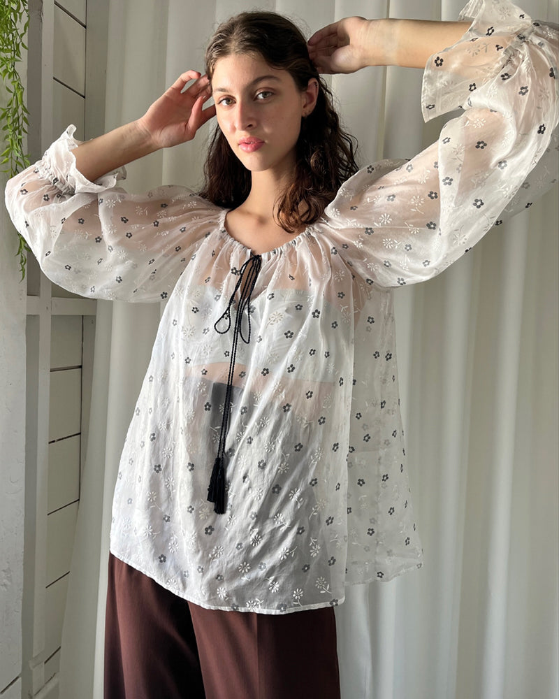 90s YSL Sheer Floral Silk Peasant Blouse - Lucky Vintage