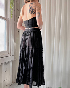 90s Embroidered Black Midi Skirt