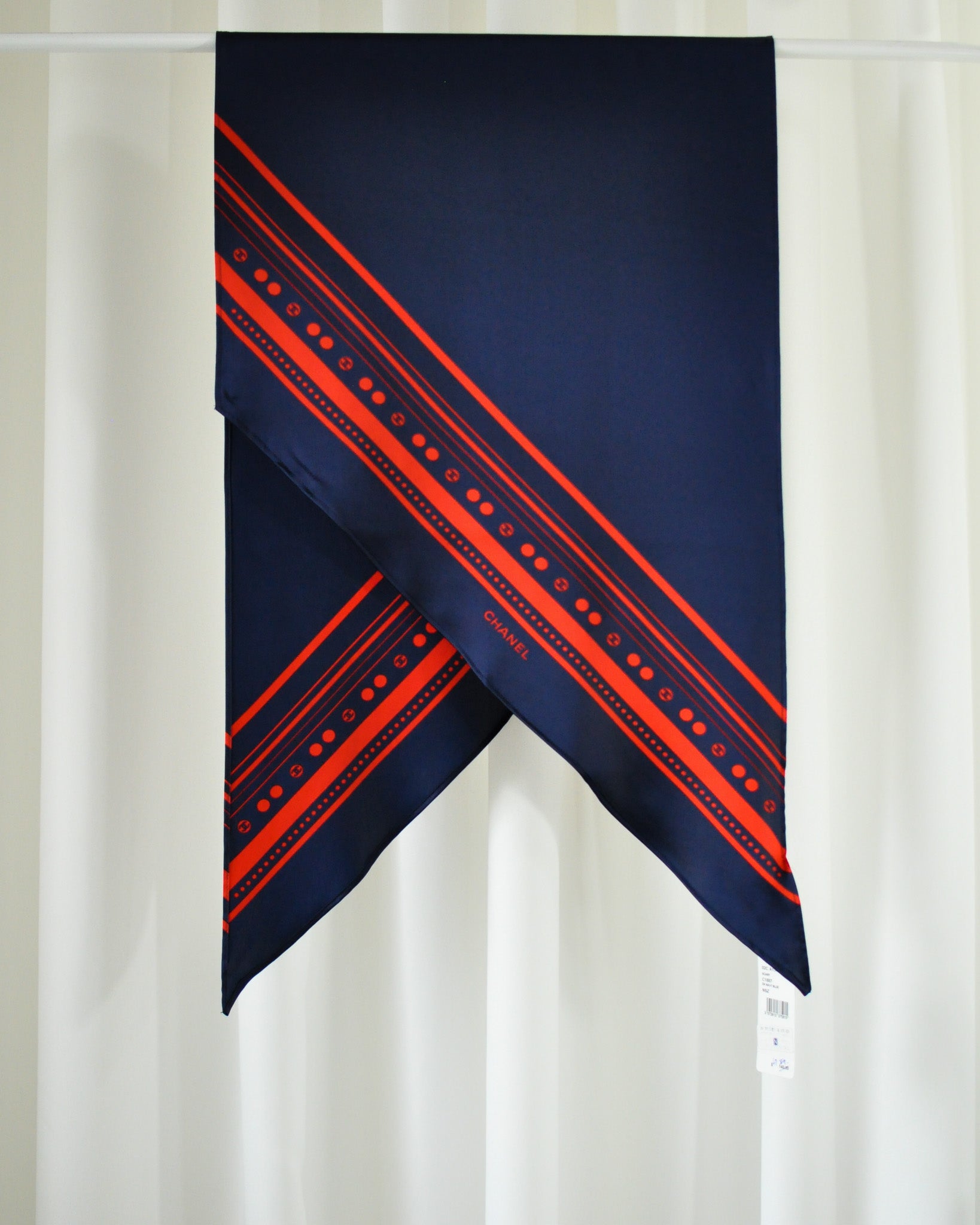 CHANEL シルクバンダナ 赤・紺 00s Chanel Navy Logo Silk Scarf - New with Tags - Lucky Vintage
