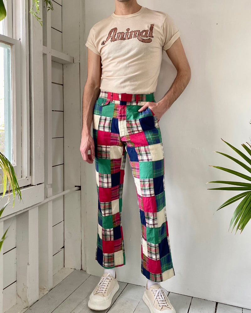 70s Madras Plaid Cotton Pants | L