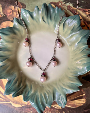 90s Sterling Silver Garnet & Pearl Necklace