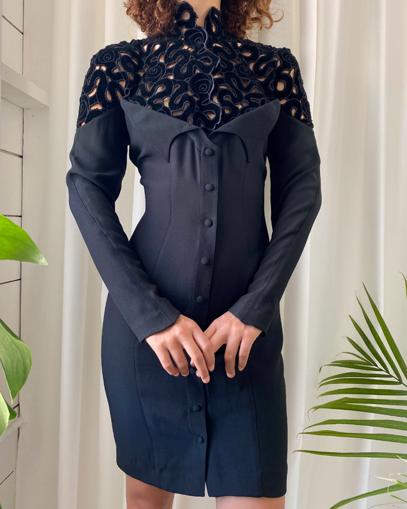 80s Thierry Mugler Velvet Cutwork Dress | S - Lucky Vintage 80s Thierry Mugler Velvet Cutwork Dress | S - Lucky Vintage