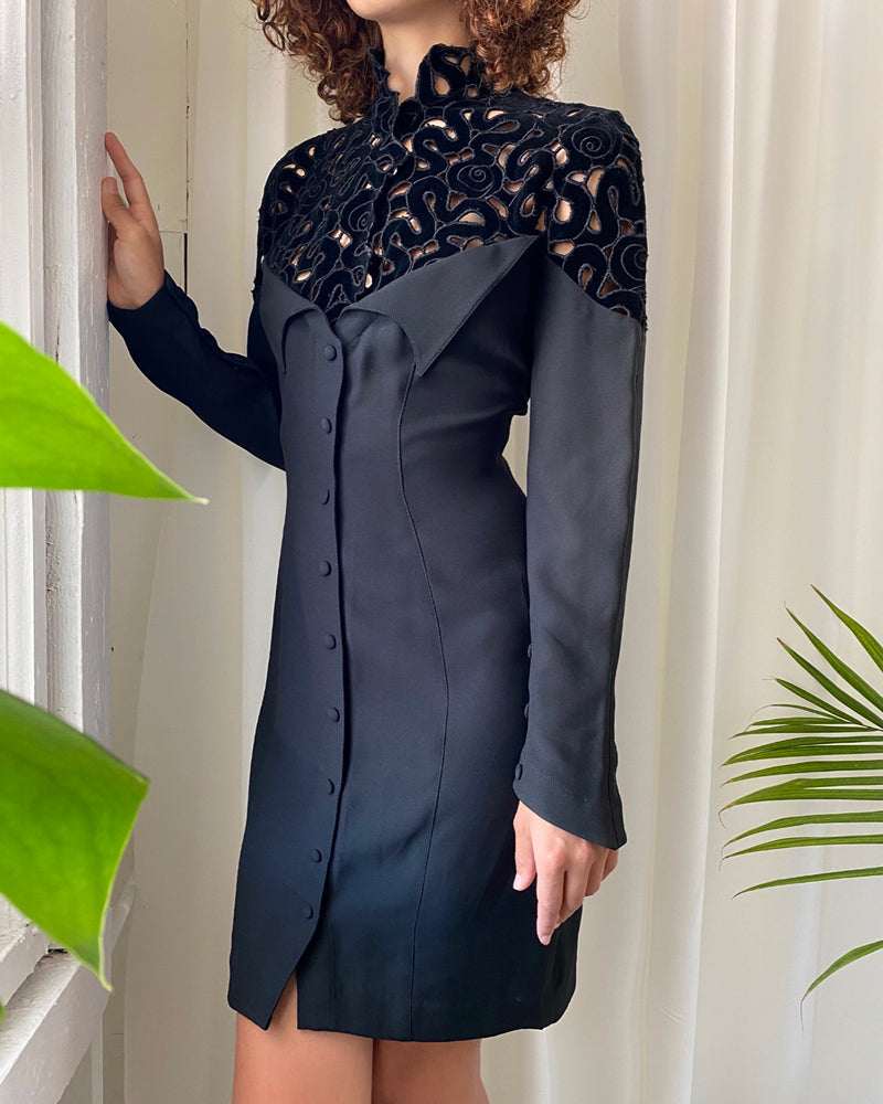 thierry mugler cocktail dress 1997 Thierry Mugler Black Fringed Back Dress