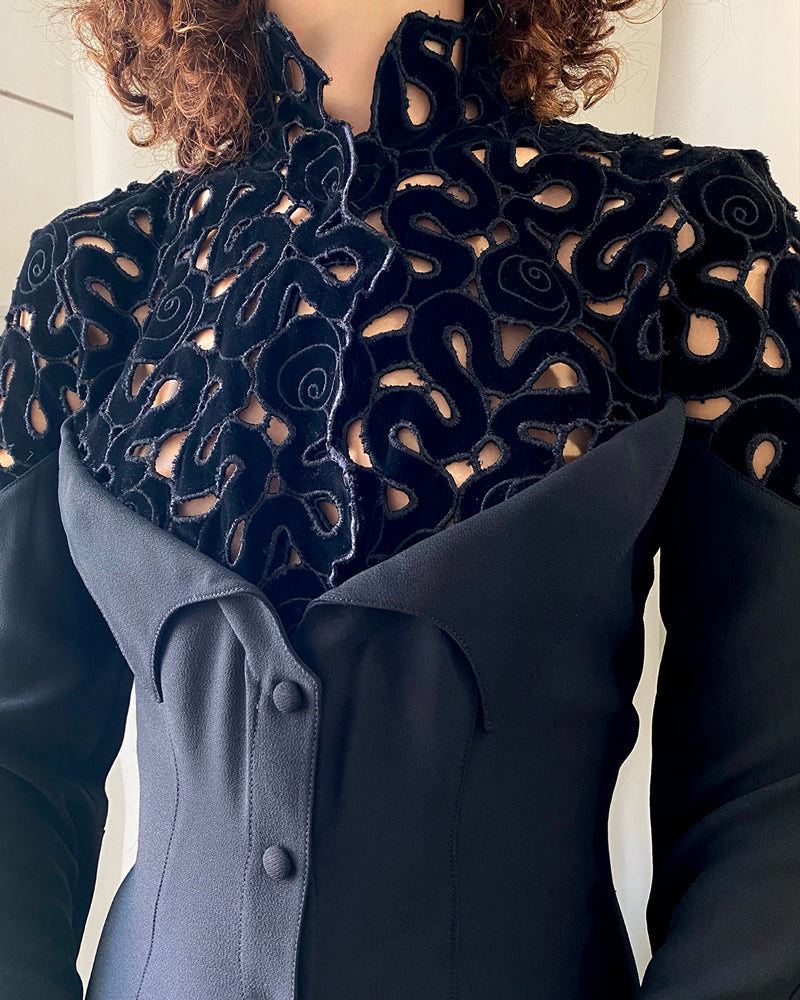 80s Thierry Mugler Velvet Cutwork Dress | S